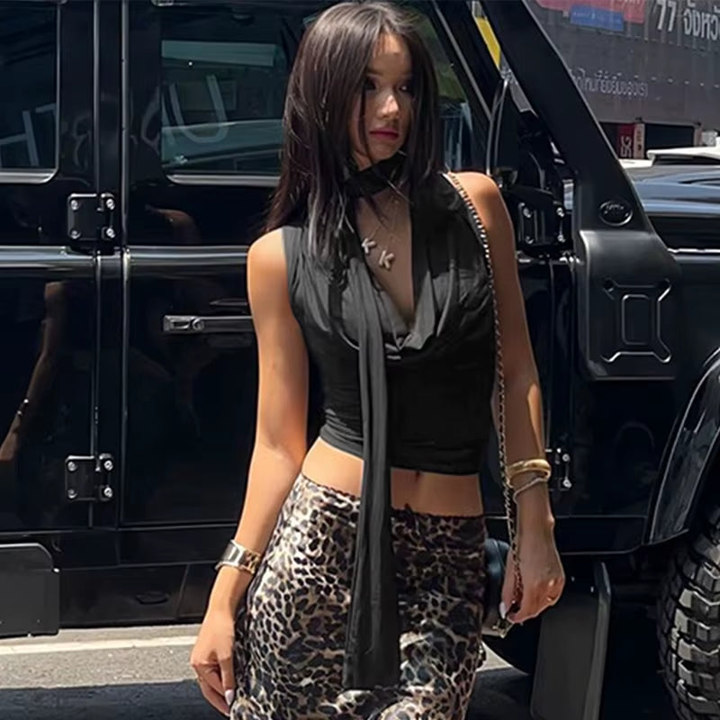 Scarf Tie Cowl Neck Crop Top