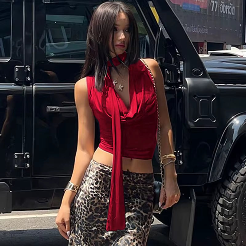 Scarf Tie Cowl Neck Crop Top